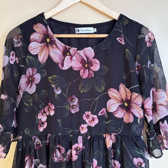 ChenZhou| Navy & Violet Floral Ruffled 3/4 Sleeve Swing Dress Sz M - Picture 3 of 6